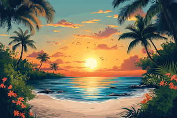 Fototapeta premium Tropical sunset beach illustration with palm trees and warm ocean glow 야자수가 있는 열대 해변 일러스트와 따스한 바다 노을