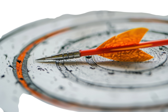 Targeting precision with an orange-tipped arrow embedded in a circular bullseye on a vibrant range isolated on transparent background - Powered by Adobe