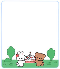 토끼와 곰돌이의 생일 케이크 프레임 일러스트