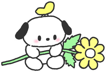 꽃을 들고 있는 귀여운 강아지 일러스트 스티커