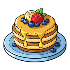 pancakes with berries Tasty and fluffy pancake stack with maple syrup, butter and blue berries