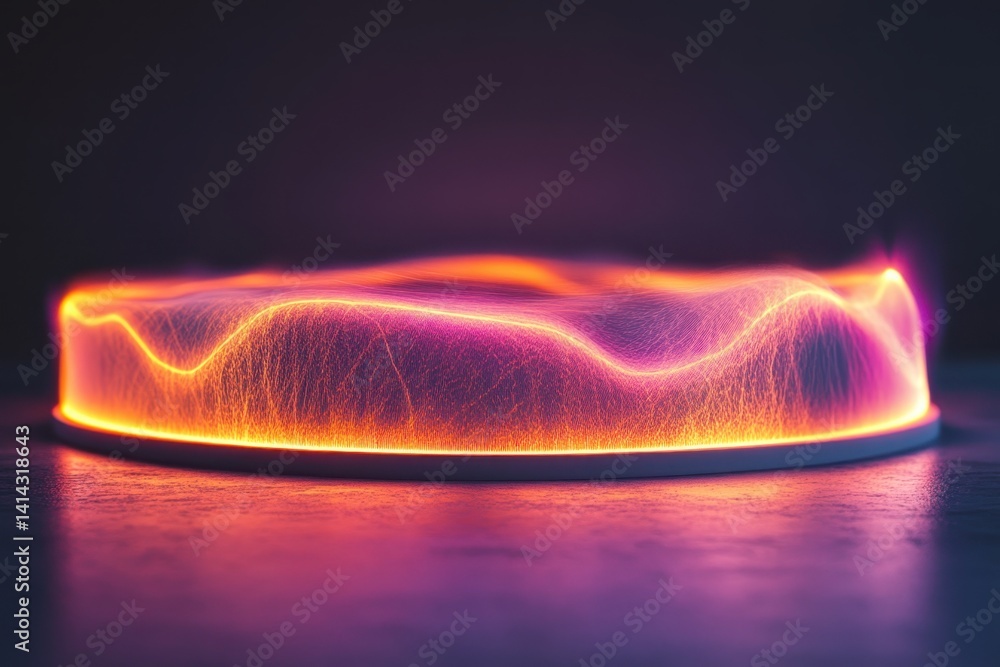 Poster vibrant light waves create dynamic patterns above a circular base at night