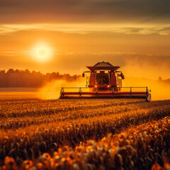 Fototapeta premium Сombine harvester harvests field of ripe wheat ears on backdrop of dramatic sunset sky. Rays of sun break through clouds. Harvesting. Weather is conducive to agriculture work. Copy space for text.