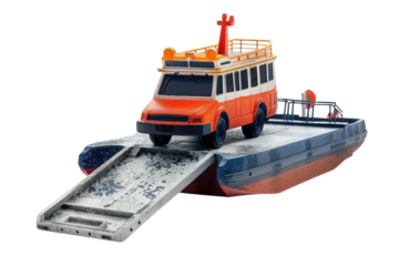 A vibrant toy rescue vehicle departs from a miniature ferry in a playful setting during daytime isolated on transparent background