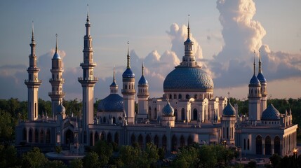 Obraz premium Majestic Mosque at Sunset, Architectural Detail, Tranquil Setting
