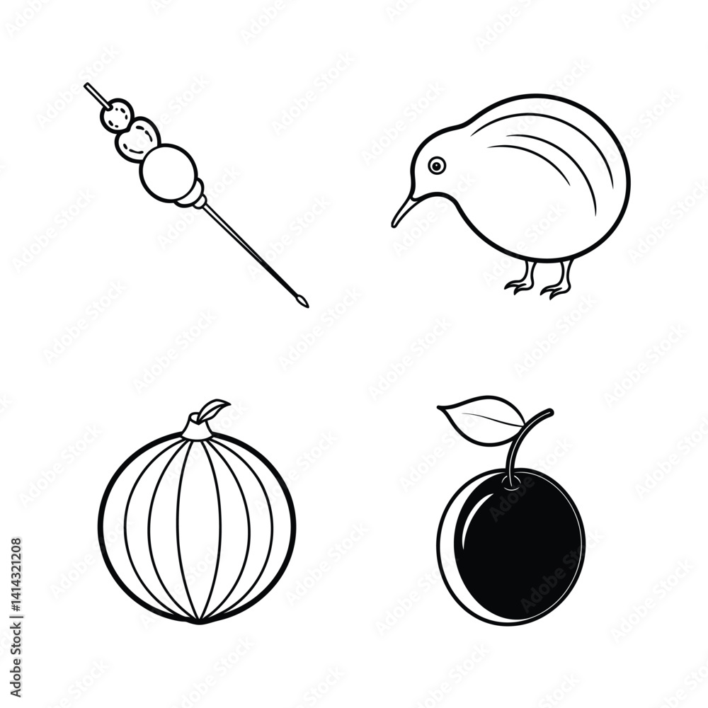 Poster Black And White Line Art Illustration Of Food Items And A Kiwi Bird Featuring Simple And Clean Design Elements For Various Creative Projects