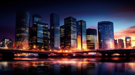Fototapeta premium Illuminated city skyline at twilight reflecting on water