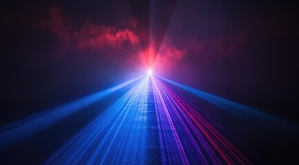 Colorful Laser Beam Light in Darkness with Blue and Purple Base, Red and Orange Top, Abstract Radiant Glow on Black Background, Futuristic Gradient Illumination Concept