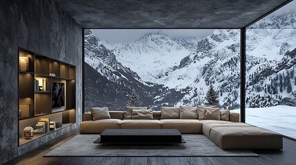 Modern mountain home living room.  Vast panoramic windows showcase a snowy mountain range.  Cozy sectional couch, minimalist decor, and rustic stone walls