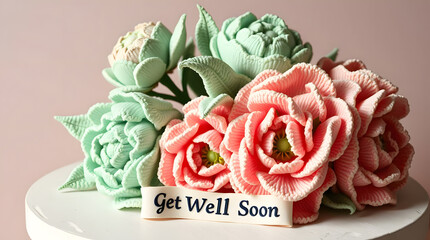 A get well soon card with A bouquet of oversized crochet peonies in blush pink and mint green