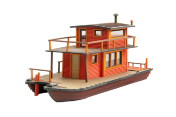 Crafted model of a vibrant houseboat showcasing intricate design details on a serene waterway isolated on transparent background