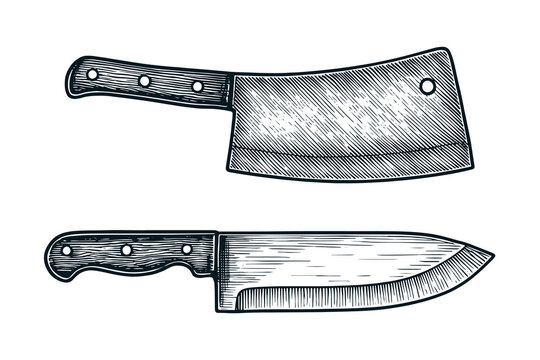 Engraved butcher and chef knives with bold lines on white background