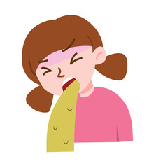 The girl or kid is suffering from vomit, sickness, nausea and food poisoning