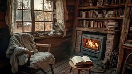 Cozy log cabin reading nook by fireplace