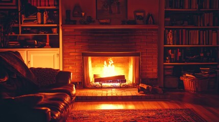Cozy fireplace in a living room at night