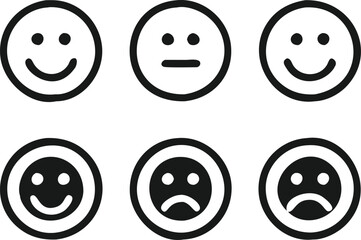 Set of Simple Black Line Emojis Representing Various Emotions
