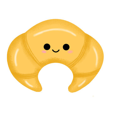 Cute Crossiant  with Smiley Face &ndash; Kawaii Cartoon Dessert Icon &ndash; Transparent Background PNG , Stickers, Kids Design, Summer Graphics, or Food-Themed Projects