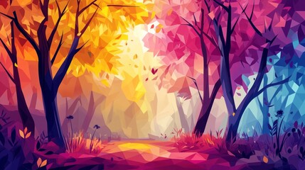Colorful Low Poly Autumn Forest Path