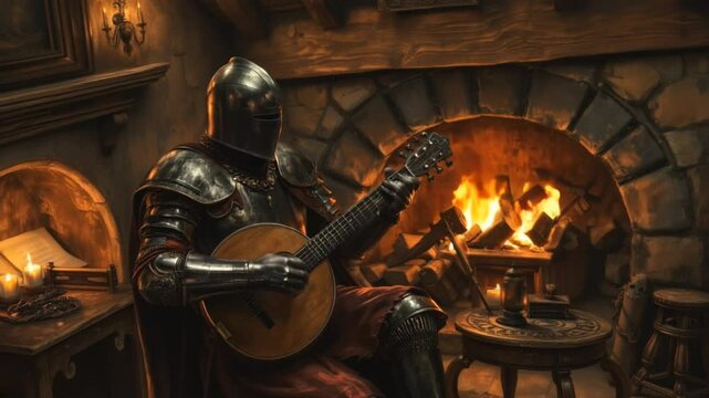 A knight in full armor sits by a fireplace, playing a lute. The warm firelight illuminates the scene, creating a cozy and enchanting atmosphere.