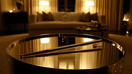 Obraz premium Golden Baton on Mirrored Tray in Luxurious Living Room