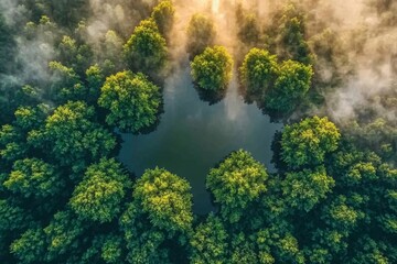 Sunrise over misty forest lake; aerial view
