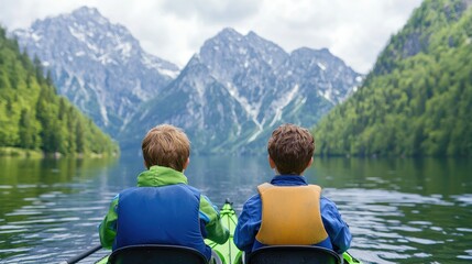 Kayaking adventure serene lake majestic mountains peaceful escape outdoor recreation travel lifestyle