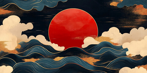 Red sun on a dark background with golden waves. Golden lines Asian minimalism style.Geometric pattern in vintage style. Japanese background with Asian traditional banner.