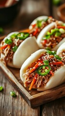Delicious bao buns with shredded meat, sesame seeds, and fresh vegetables in a wooden tray, perfect for food advertisement, menus, or culinary promotion.