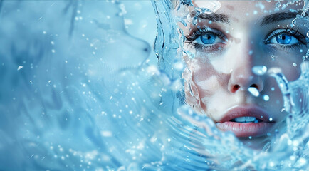 Woman face. A girl in drops of water. Beautiful Young Woman with Clean Fresh Skin look away. Girl beauty face care. Facial treatment. Cosmetology, beauty and spa.