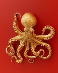 Fototapeta premium Golden Octopus on Red Background with Reflective Minimalist Aesthetic. Generative AI