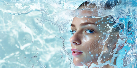 Girl beauty face care. A girl in drops of water.Beautiful Young Woman with Clean Fresh Skin look away Facial treatment . Cosmetology , beauty and spa .