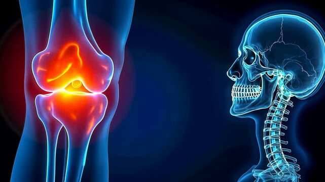 Femur, joint pain, bone health. Skeletal anatomy. Knee inflammation causes severe discomfort. Femur fracture impacts walking ability. Bone density decrease affects stability.