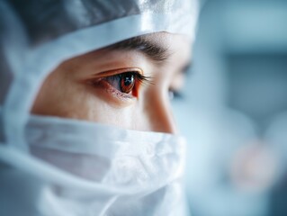 Macro Shot of Focused Asian Technician in Cleanroom Suit
