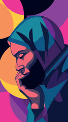 Colorful abstract portrait of young african male in thoughtful pose flat vector illustration