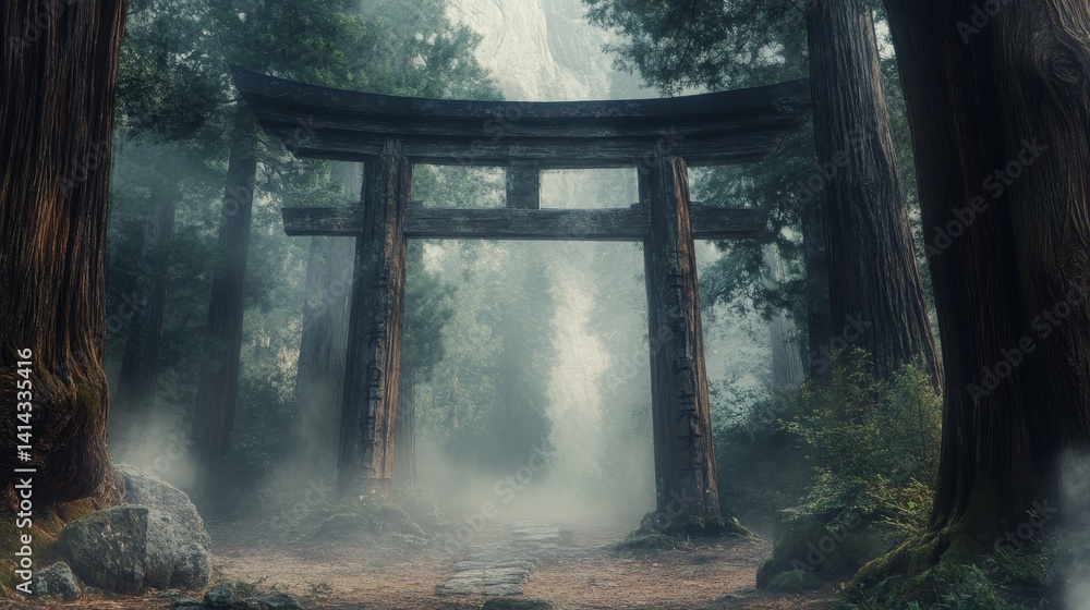 Poster torii gate in forest with fog or mist creating a serene atmosphere.