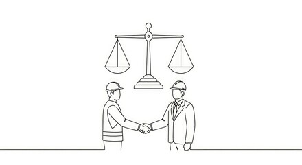 Illustration: Two construction workers shaking hands under the scales of justice.