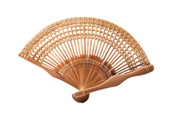 Elegant hand-crafted bamboo fan displayed against a minimalist background on a sunny day isolated on transparent background