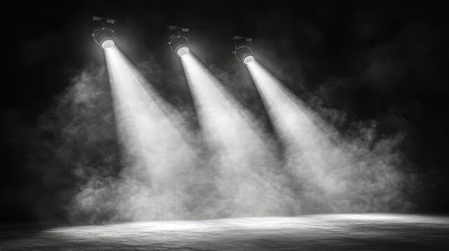 Illuminated Stage: Three bright spotlights cut through the misty darkness, creating a dramatic atmosphere, evoking a sense of anticipation and anticipation and mystery in the ambiance.