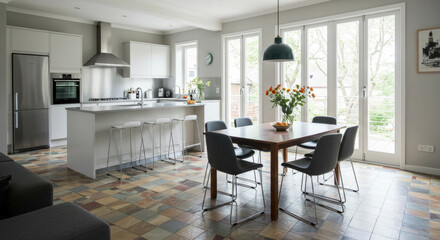 Fototapeta premium Modern kitchen and dining room with table and chairs on retro tiled floor