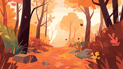 Colorful autumn forest pathway with falling leaves and trees in warm hues flat vector illustration