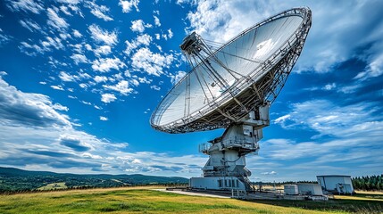Radio telescope under a blue sky, hills in background, science research