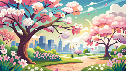 Delicate pink and white blossoms cover tree branches in a colorful spring park scene.