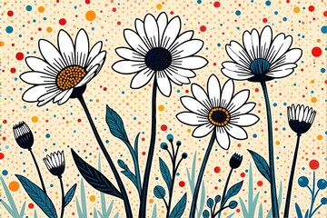 Bold daisy flowers with black outlines on a colorful dotted doodle texture background, doodle, black outline