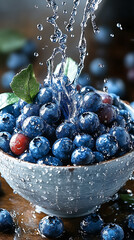 Fresh blueberries splashed with water in a ceramic bowl on wooden table, healthy and refreshing fruit close-up