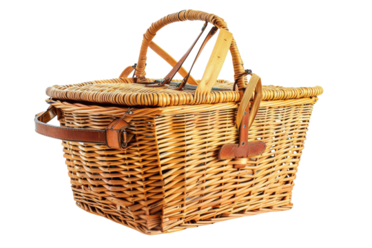 Charming wicker picnic basket perfect for outdoor adventures in the sunny countryside isolated on transparent background