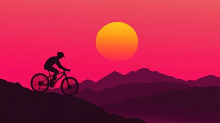Obraz premium Mountain Biker Silhouette Against Sunset Orange Background