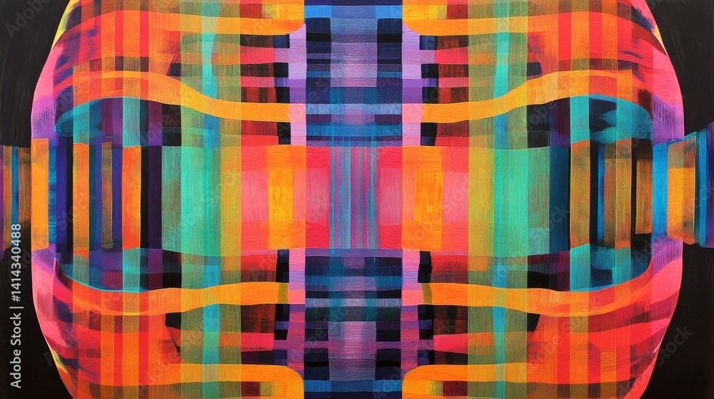 Poster abstract colorful pattern with lines and geometric shapes on a dark background.