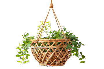 Elegant hanging planter adorned with vibrant green vines in a bright, minimalist setting isolated on transparent background