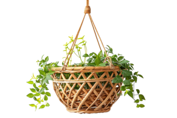 Elegant hanging planter adorned with vibrant green vines in a bright, minimalist setting isolated on transparent background