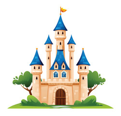Fairytale castle with blue rooftops, surrounded by trees and stone walls. Vector cartoon illustration